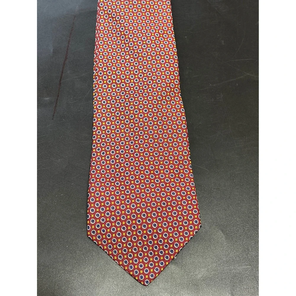Lauren Ralph Lauren Red Navy Gold Circle Dot Luxury Silk Necktie Hand Finished